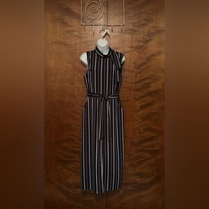 Aryeh Sleeveless Tie Neck Midi Dress Womens M Navy & White Stripes Belted Lined